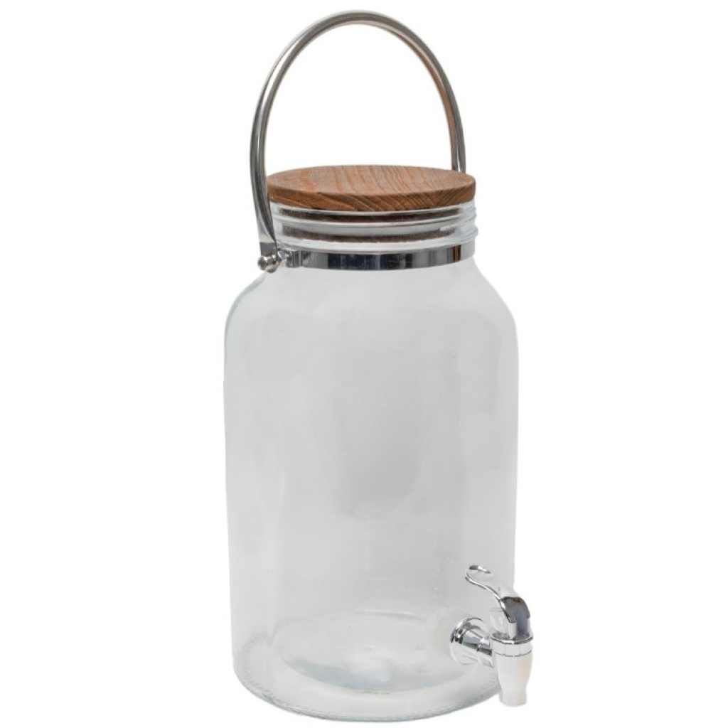 Jooginõu klaasist puidust korgiga, kraaniga komplektis metall alus 6L rent