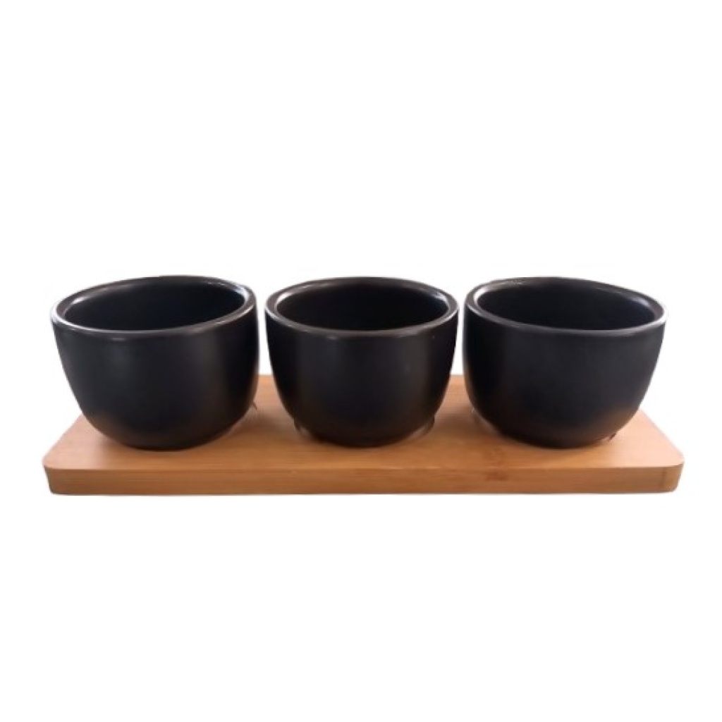 Kauss must 3 tk komplektis koos puidust alusega rent